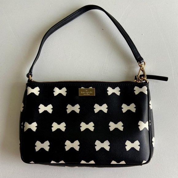 Kate Spade White Bow Print Black Wristlet Purse - Picture 1 of 4
